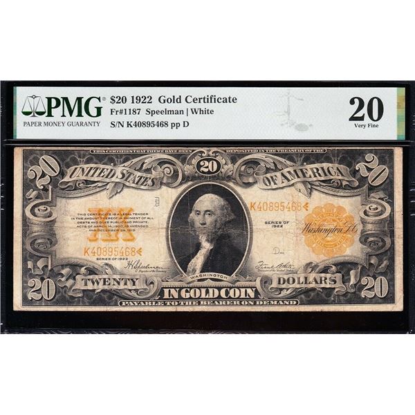1922 $20 Gold Certificate PMG 20
