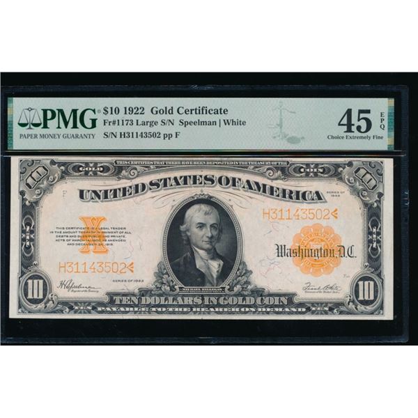 1922 $10 Gold Certificate PMG 45EPQ