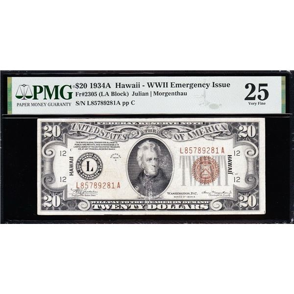1934A $20 Hawaii FRN PMG 25