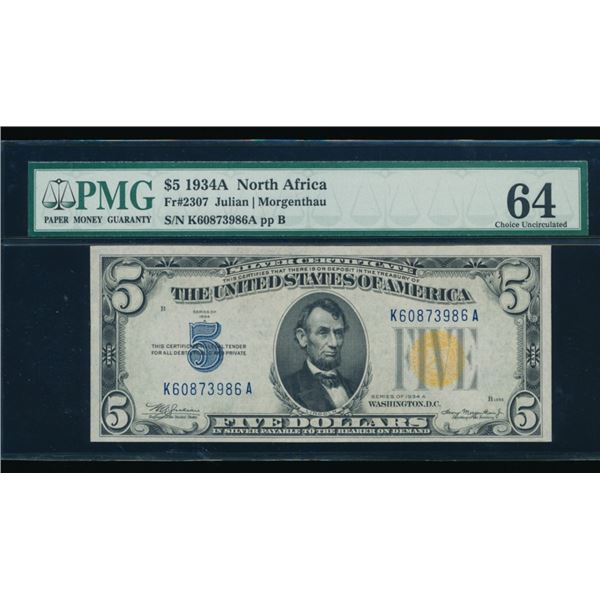 1934A $5 N Africa Silver Certificate PMG 64