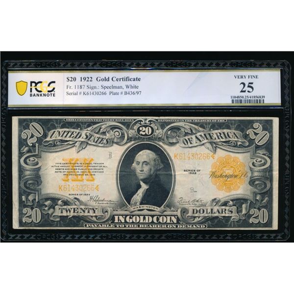1922 $20 Gold Certificate PCGS 25