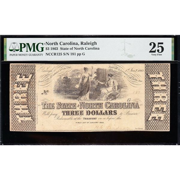 1863 $3 Raleigh NC Obsolete Note PMG 25