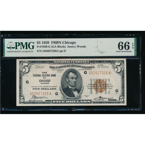 1929 $5 Chicago FRBN PMG 66EPQ