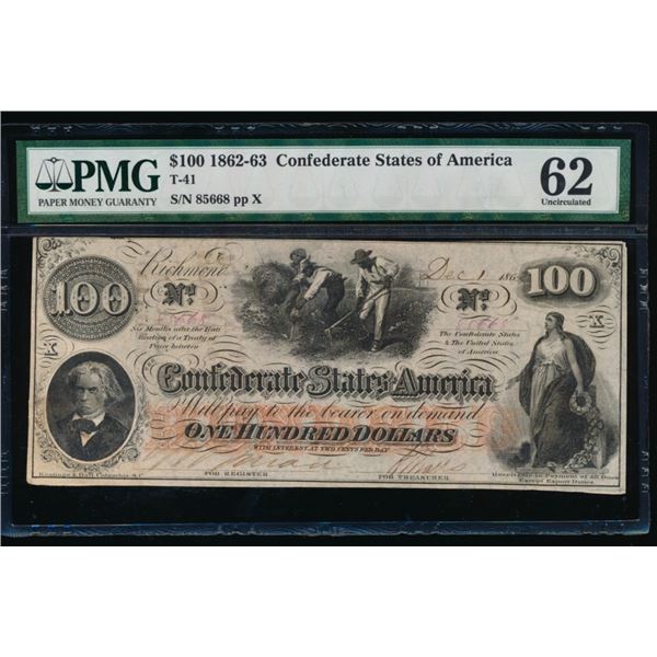 1862-63 $100 T-41 Confederate PMG 62