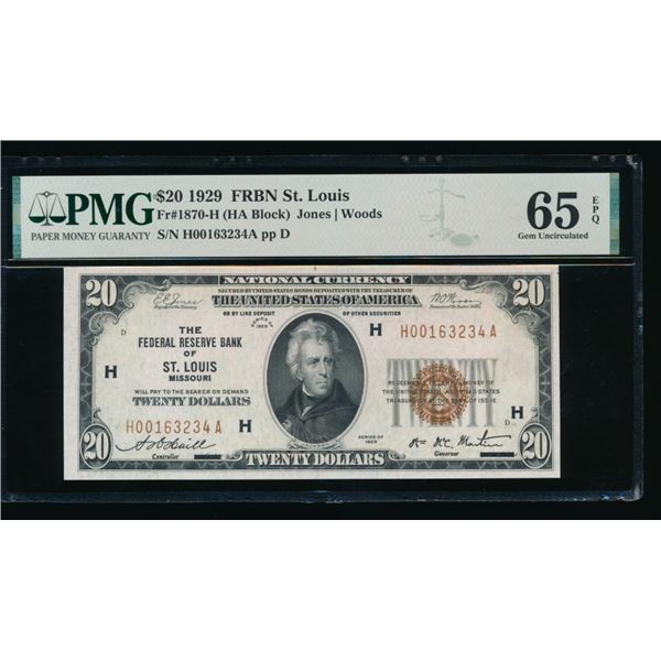 1929 $20 St Louis FRBN PMG 65EPQ