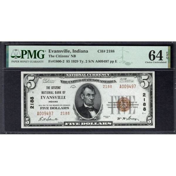 1929 $5 Evansville IN National PMG 64EPQ