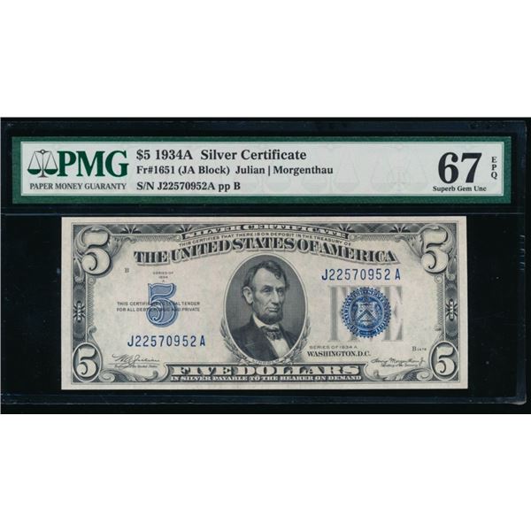 1934A $5 Silver Certificate PMG 67EPQ
