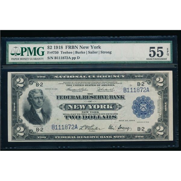 1918 $2 New York FRBN PMG 55EPQ