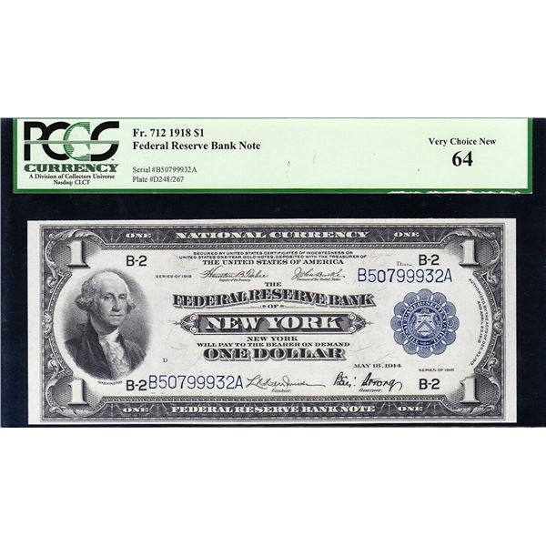 1918 $1 New York FRBN PCGS 64