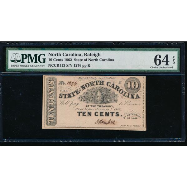 10 Cent 1862 Raleigh NC Obsolete PMG 64EPQ