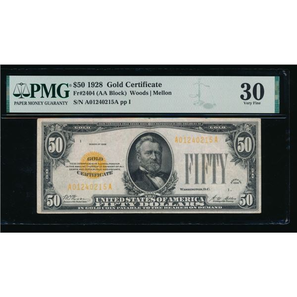 1928 $50 Gold Certificate PMG 30