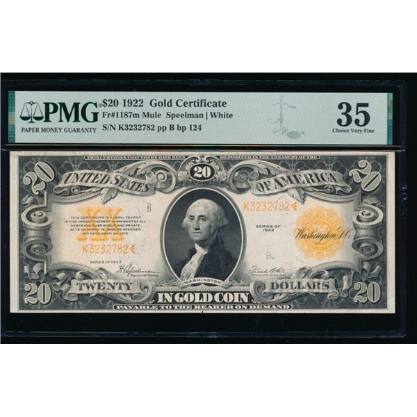 1922 $20 Mule Gold Certificate PMG 35