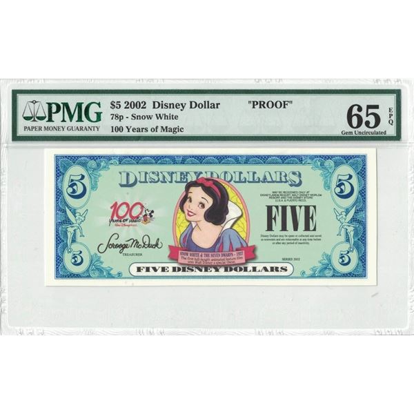 2002 $5 Snow White Proof Disney Dollar PMG 65EPQ