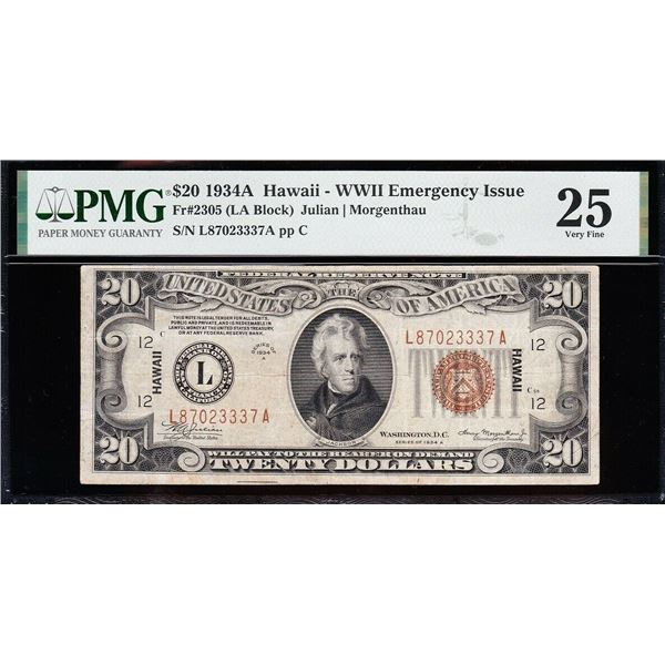 1934A $20 Hawaii FRN PMG 25