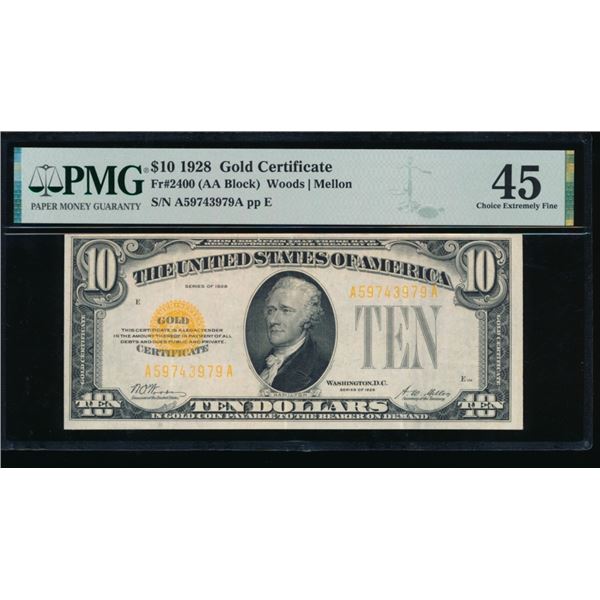 1928 $10 Gold Certificate PMG 45