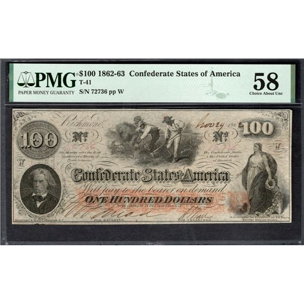 1862-63 $100 T-41 Confederate PMG 58