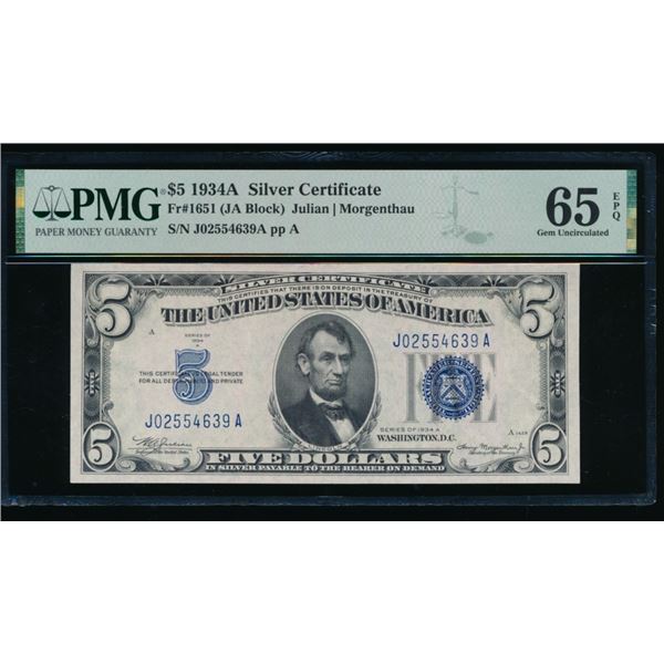 1934A $5 Silver Certificate PMG 65EPQ