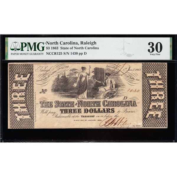 1863 $3 Raleigh NC Obsolete Note PMG 30