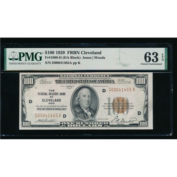 1929 $100 Cleveland FRBN PMG 63EPQ