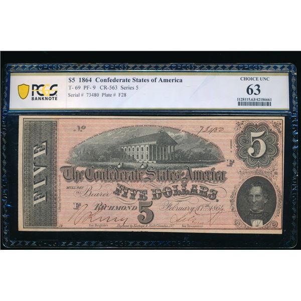 1864 $5 T-69 Confederate PCGS 63