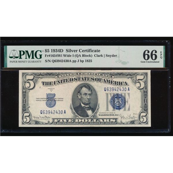 1934D $5 Silver Certificate PMG 66EPQ