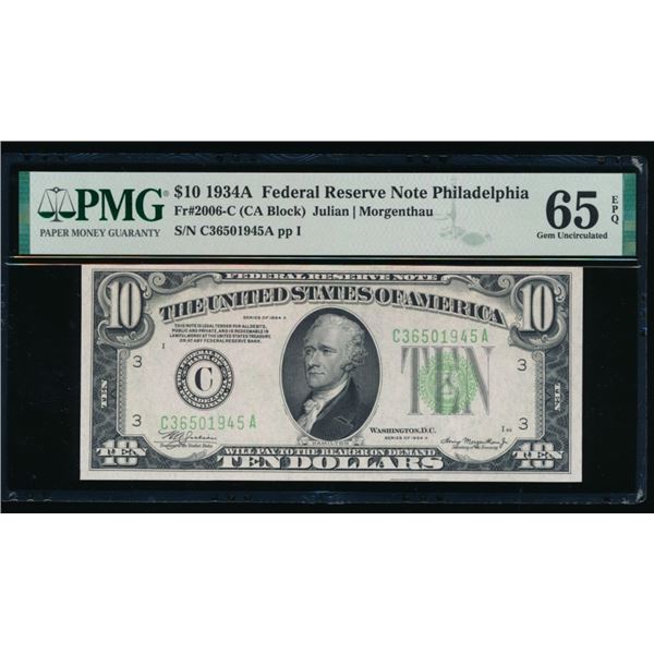 1934A $10 Philadelphia FRN PMG 65EPQ