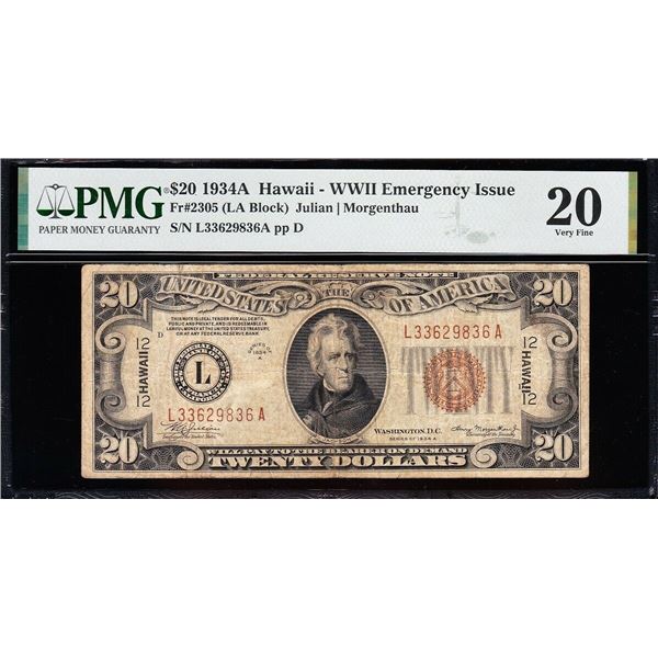 1934A $20 Hawaii FRN PMG 20