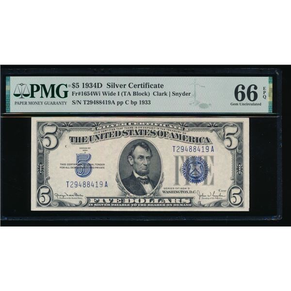 1934D $5 Silver Certificate PMG 66EPQ