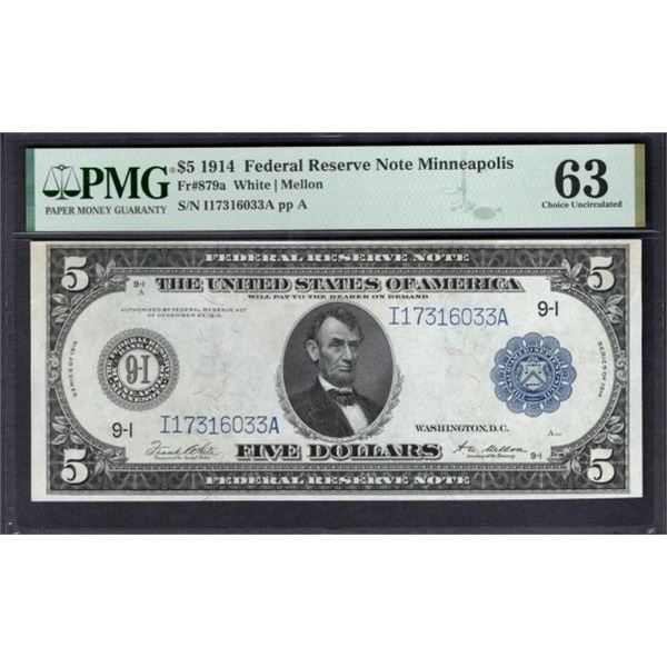 1914 $5 Minneapolis FRN PMG 63