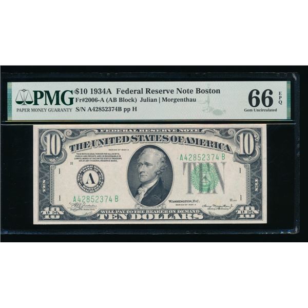 1934A $10 Boston FRN PMG 66EPQ