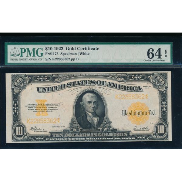 1922 $10 Gold Certificate PMG 64EPQ