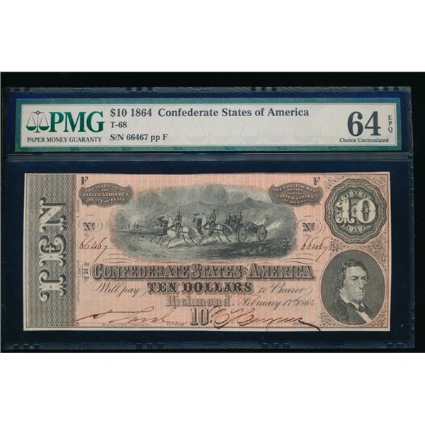 1864 $10 T-68 Confederate PMG 64EPQ
