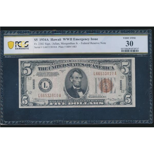 1934A $5 Hawaii FRN PCGS 30