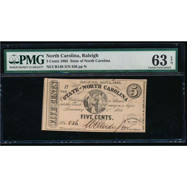 5 Cent 1863 Raleigh NC Obsolete PMG 63EPQ
