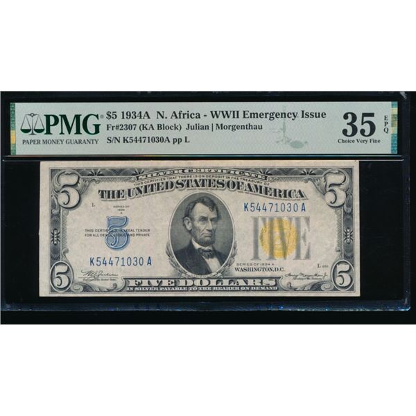 1934A $5 N Africa Silver Certificate PMG 35EPQ