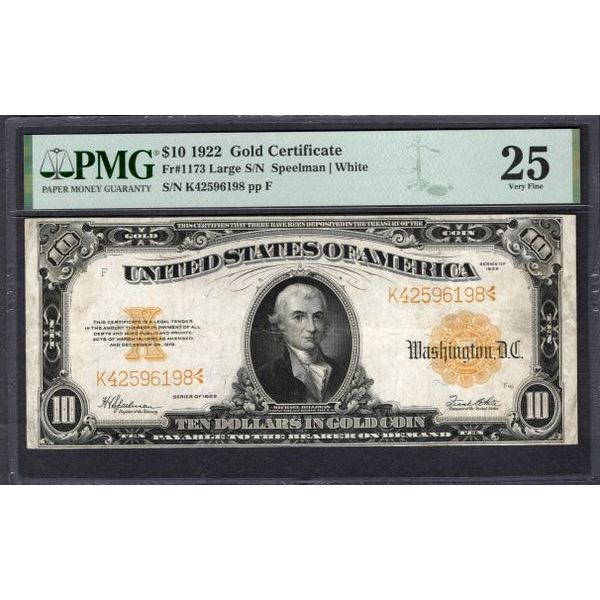 1922 $10 Gold Certificate PMG 25