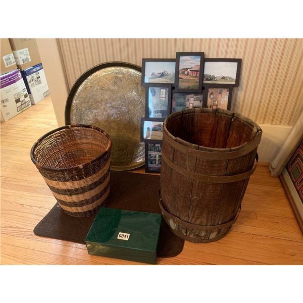 Large Etched Metal Tray, Vintage Barrel, Basket & Framed Farm Wall Art