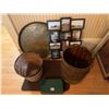 Image 2 : Large Etched Metal Tray, Vintage Barrel, Basket & Framed Farm Wall Art