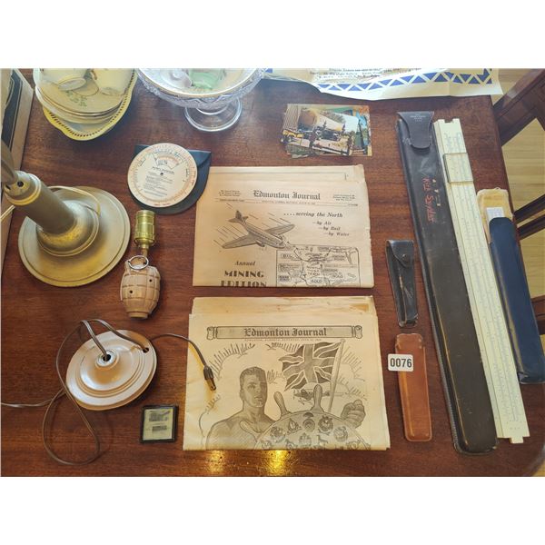 Homemade WW2 Mortar Lamp, Hand Grenade Lamp, Vintage Boxing Poster, Antique Edmonton Journals