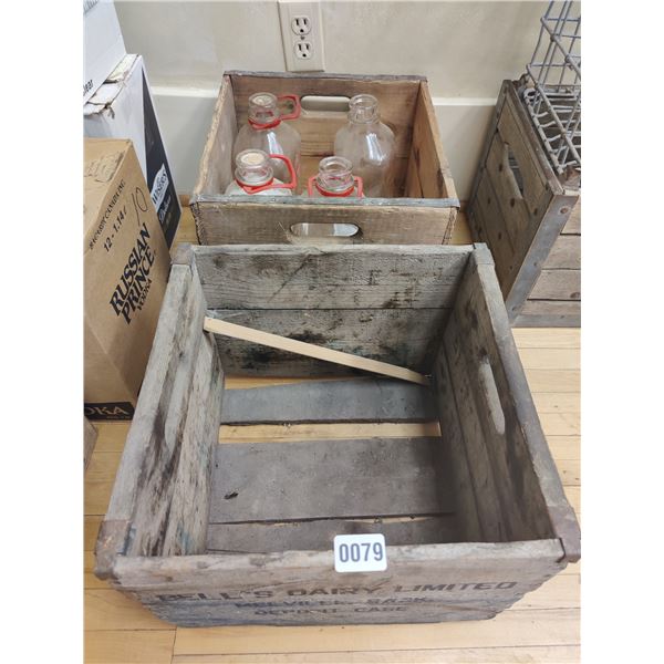 Set of 2 Antique Milk Crates & 4 Meadow Dew Milk Bottles