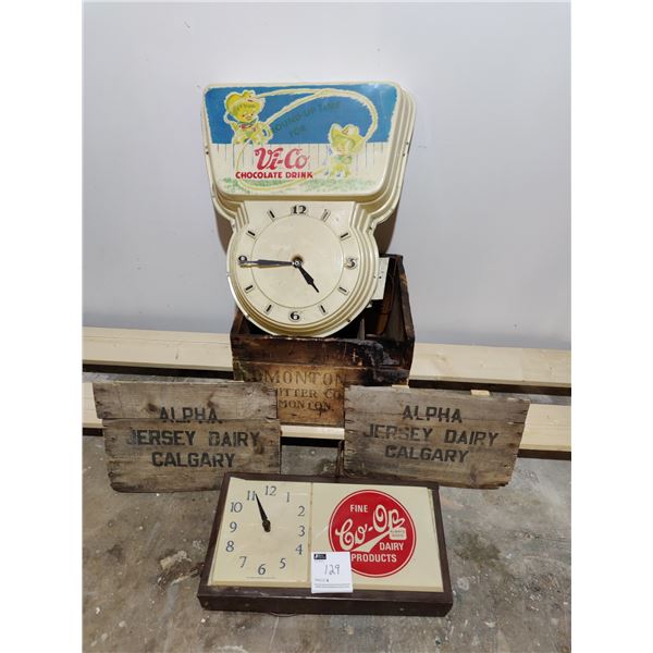 Antique Dairy Clocks (broken), Antique Dairy Crate and 2 Jersey Dairy Crate Pieces