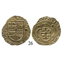 Seville, Spain, cob 4 escudos, Philip II, assayer Gothic P to left.