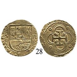 Seville, Spain, cob 2 escudos, Philip II, assayer Gothic P to left.