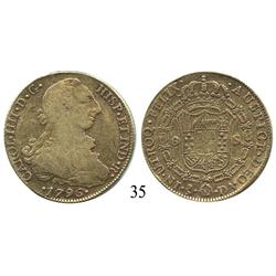 Santiago, Chile, bust 8 escudos, Charles IV (bust of Charles III), 1796DA.