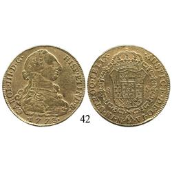 Bogotá, Colombia, bust 8 escudos, Charles III, 1773VJ.