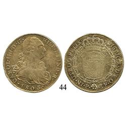 Popayán, Colombia, bust 8 escudos, Charles IV, 1803JF, lustrous XF with weak centers.