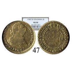 Popayán, Colombia, bust 2 escudos, Charles III, 1786SF, encapsulated NGC AU-50.