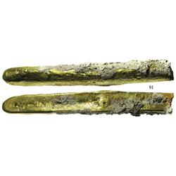 Long, coral-encrusted gold bar #43, 17¼K, one end cut, from the "Golden Fleece wreck" (ca. 1550).