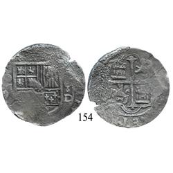 Mexico City, Mexico, cob 8 reales, Philip II or III, oM(F) to left, 8-oD, rare dual assayer.