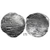 Image 1 : Potosí, Bolivia, cob 8 reales, Philip III, P-R (curved leg), Grade 2.